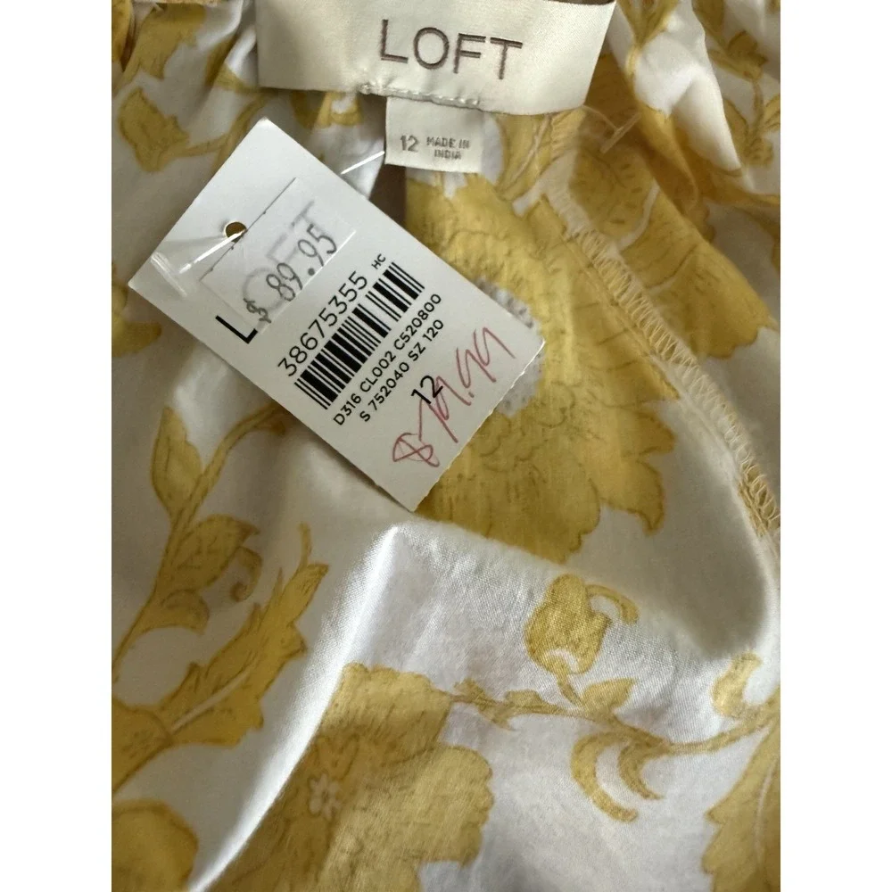 LOFT NWT Floral Cotton Mini Dress Yellow White Puff Sleeve Size 12 Cottagecore